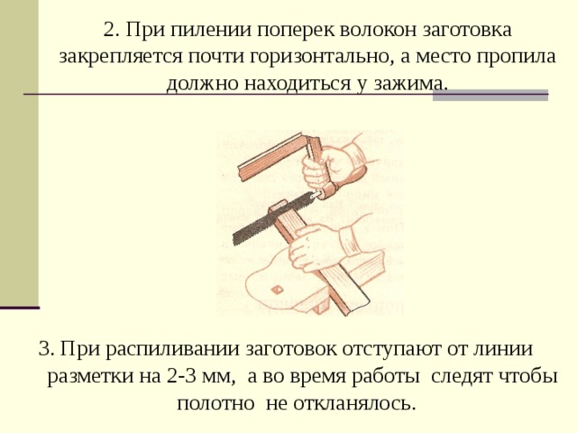 2. При пилении поперек волокон заготовка закрепляется почти горизонтально, а место пропила должно находиться у зажима.   3. При распиливании заготовок отступают от линии  разметки на 2-3 мм, а во время работы следят чтобы  полотно не откланялось.