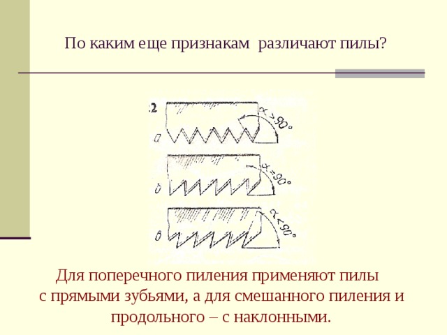 По каким еще признакам различают пилы?  Для поперечного пиления применяют пилы с прямыми зубьями, а для смешанного пиления и продольного – с наклонными.