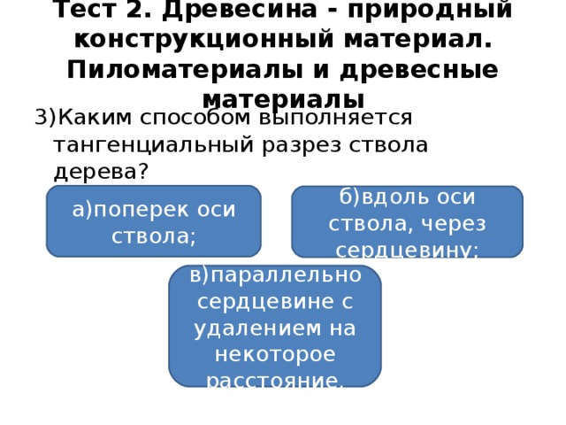 Тест 2. Древесина - природный конструкционный материал. Пиломатериалы и древесные материалы 3)Каким способом выполняется тангенциальный разрез ствола дерева? а)поперек оси ствола; б)вдоль оси ствола, через сердцевину; в)параллельно сердцевине с удалением на некоторое расстояние.