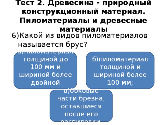 Тест 2. Древесина - природный конструкционный материал. Пиломатериалы и древесные материалы 6)Какой из видов пиломатериалов называется брус? а)пиломатериал толщиной до 100 мм и шириной более двойной толщины; б)пиломатериал толщиной и шириной более 100 мм; в)боковые части бревна, оставшиеся после его распиловки.