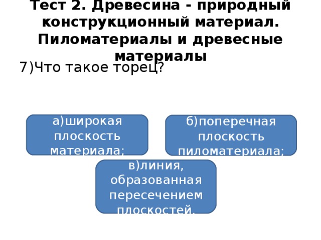 Тест 2. Древесина - природный конструкционный материал. Пиломатериалы и древесные материалы 7)Что такое торец? а)широкая плоскость материала; б)поперечная плоскость пиломатериала; в)линия, образованная пересечением плоскостей.