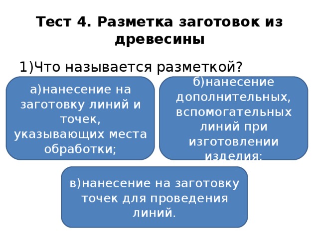 Тест 4. Разметка заготовок из древесины 1)Что называется разметкой? а)нанесение на заготовку линий и точек, указывающих места обработки; б)нанесение дополнительных, вспомогательных линий при изготовлении изделия; в)нанесение на заготовку точек для проведения линий.