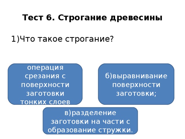 Тест 6. Строгание древесины 1)Что такое строгание? а)столярная операция срезания с поверхности заготовки тонких слоев древесины; б)выравнивание поверхности заготовки; в)разделение заготовки на части с образование стружки.