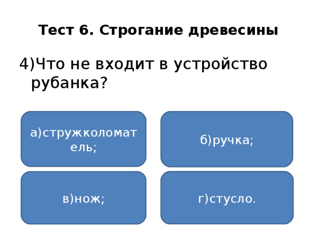 Тест 6. Строгание древесины 4)Что не входит в устройство рубанка? а)стружколоматель; б)ручка; г)стусло. в)нож;