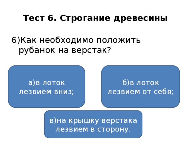 Тест 6. Строгание древесины 6)Как необходимо положить рубанок на верстак? а)в лоток лезвием вниз; б)в лоток лезвием от себя; в)на крышку верстака лезвием в сторону.