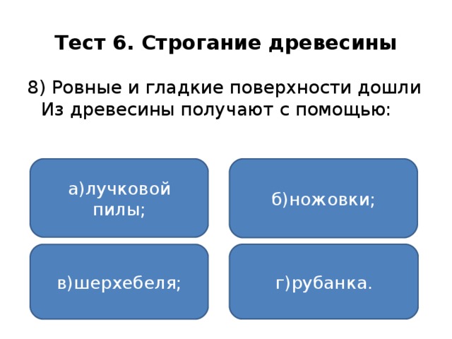 Тест 6. Строгание древесины 8) Ровные и гладкие поверхности дошли Из древесины получают с помощью: а)лучковой пилы; б)ножовки; г)рубанка. в)шерхебеля;