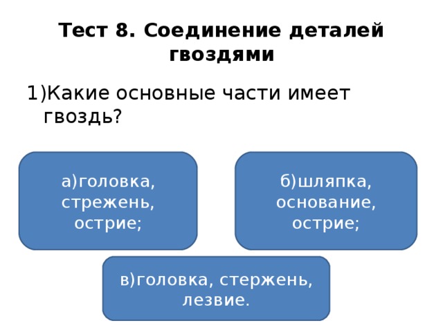 Тест 8. Соединение деталей гвоздями 1)Какие основные части имеет гвоздь? а)головка, стрежень, острие; б)шляпка, основание, острие; в)головка, стержень, лезвие.