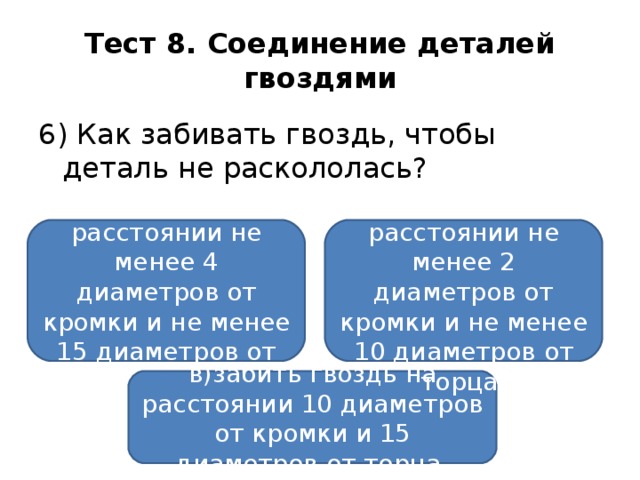 Тест 8. Соединение деталей гвоздями 6) Как забивать гвоздь, чтобы деталь не раскололась? а)забить гвоздь на расстоянии не менее 4 диаметров от кромки и не менее 15 диаметров от торца; б)забить гвоздь на расстоянии не менее 2 диаметров от кромки и не менее 10 диаметров от торца; в)забить гвоздь на расстоянии 10 диаметров от кромки и 15 диаметров от торца.