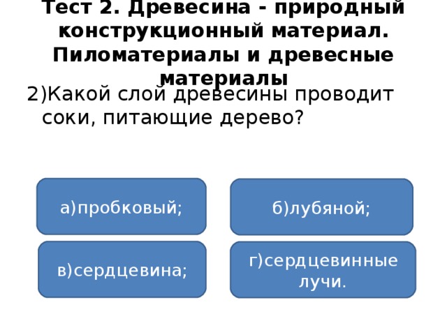 Тест 2. Древесина - природный конструкционный материал. Пиломатериалы и древесные материалы 2)Какой слой древесины проводит соки, питающие дерево? а)пробковый; б)лубяной; в)сердцевина; г)сердцевинные лучи.