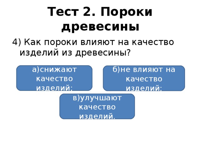 Тест 2. Пороки древесины 4) Как пороки влияют на качество изделий из древесины? а)снижают качество изделий; б)не влияют на качество изделий; в)улучшают качество изделий.