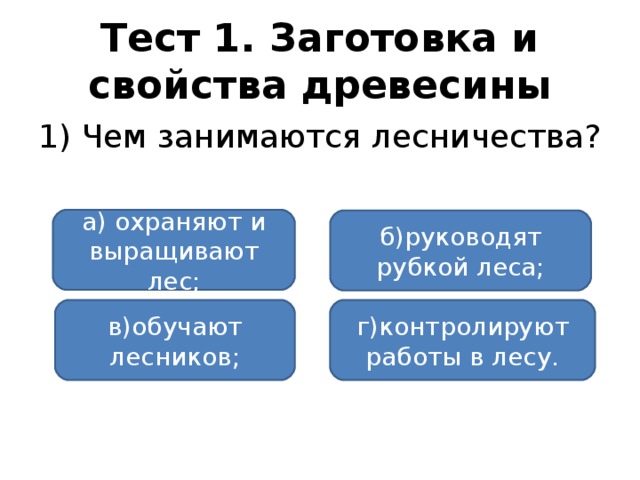 Тест 1. Заготовка и свойства древесины 1) Чем занимаются лесничества? а) охраняют и выращивают лес; б)руководят рубкой леса; в)обучают лесников; г)контролируют работы в лесу.