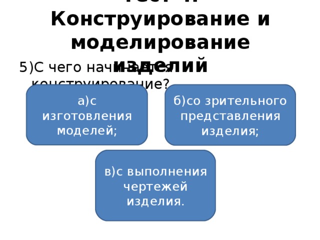 Тест 4. Конструирование и моделирование изделий 5)С чего начинается конструирование? а)с изготовления моделей; б)со зрительного представления изделия; в)с выполнения чертежей изделия.