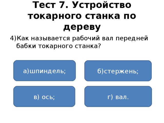 Тест 7. Устройство токарного станка по дереву 4)Как называется рабочий вал передней бабки токарного станка? а)шпиндель; б)стержень; в) ось; г) вал.