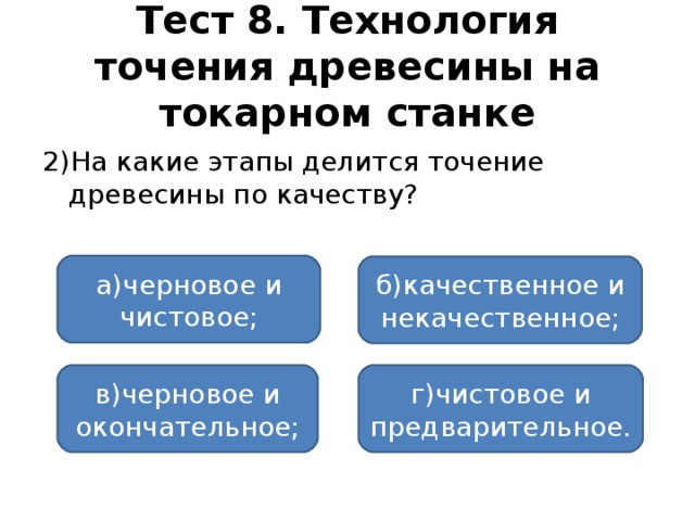 Тест 8. Технология точения древесины на токарном станке 2)На какие этапы делится точение древесины по качеству? а)черновое и чистовое; б)качественное и некачественное; в)черновое и окончательное; г)чистовое и предварительное.