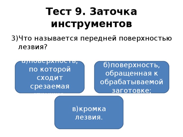 Тест 9. Заточка инструментов 3)Что называется передней поверхностью лезвия? а)поверхность, по которой сходит срезаемая стружка; б)поверхность, обращенная к обрабатываемой заготовке; в)кромка лезвия.