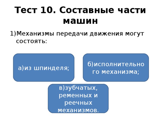 Тест 10. Составные части машин 1)Механизмы передачи движения могут состоять: а)из шпинделя; б)исполнительного механизма; в)зубчатых, ременных и реечных механизмов.