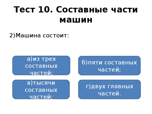 Тест 10. Составные части машин 2)Машина состоит: а)из трех составных частей; б)пяти составных частей; в)тысячи составных частей; г)двух главных частей.