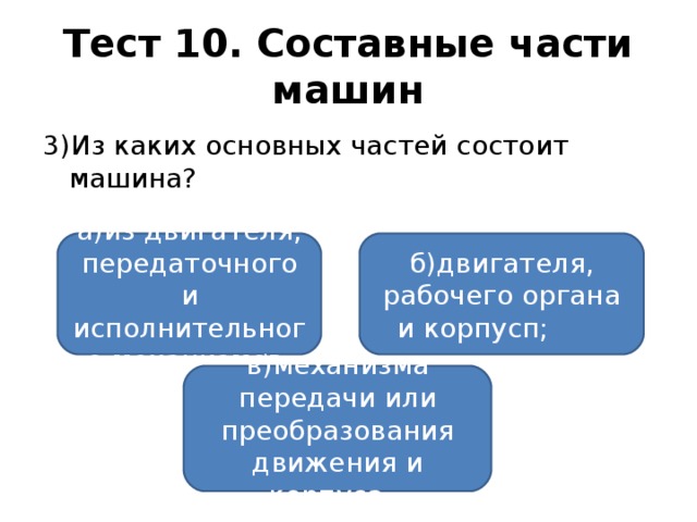 Тест 10. Составные части машин 3)Из каких основных частей состоит машина? а)из двигателя, передаточного и исполнительного механизмов; б)двигателя, рабочего органа и корпусп;  в)механизма передачи или преобразования движения и корпуса.