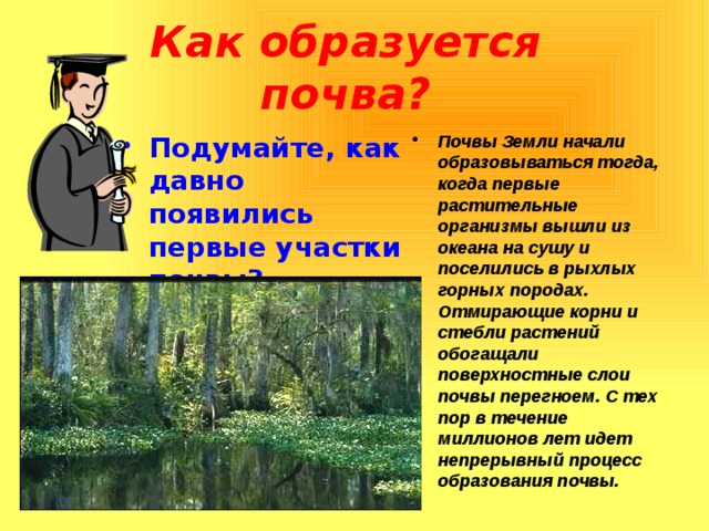 Как образуется почва? Подумайте, как давно появились первые участки почвы? Почвы Земли начали образовываться тогда, когда первые растительные организмы вышли из океана на сушу и поселились в рыхлых горных породах. Отмирающие корни и стебли растений обогащали поверхностные слои почвы перегноем. С тех пор в течение миллионов лет идет непрерывный процесс образования почвы. 