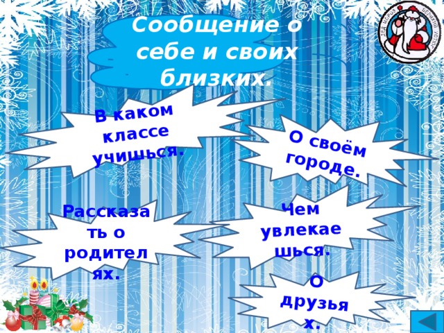 В каком классе учишься. Чем увлекаешься. О друзьях. О своём городе. Сообщение о себе и своих близких. Рассказать о родителях. 