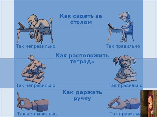 Как сидеть за столом Так правильно Так неправильно. Как расположить тетрадь Так неправильно. Так правильно Как держать ручку Так правильно Так неправильно. 