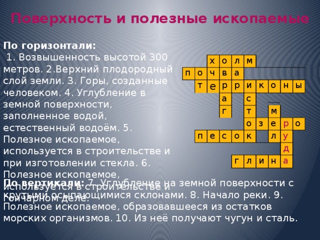 Поверхность и полезные ископаемые По горизонтали:  1. Возвышенность высотой 300 метров. 2.Верхний плодородный слой земли. 3. Горы, созданные человеком. 4. Углубление в земной поверхности, заполненное водой, естественный водоём. 5. Полезное ископаемое, используется в строительстве и при изготовлении стекла. 6. Полезное ископаемое, используется в строительстве и гончарном деле.  п о х   о ч т в л е     м а р а     р и г   п с е к   с о т о о н к ы з м е г р л л о и у н д а По вертикали: 7. Углубление на земной поверхности с крутыми осыпающимися склонами. 8. Начало реки. 9. Полезное ископаемое, образовавшееся из остатков морских организмов. 10. Из неё получают чугун и сталь. 