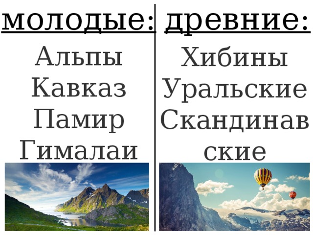 молодые: древние: Альпы Кавказ Памир Гималаи Хибины Уральские Скандинавские 