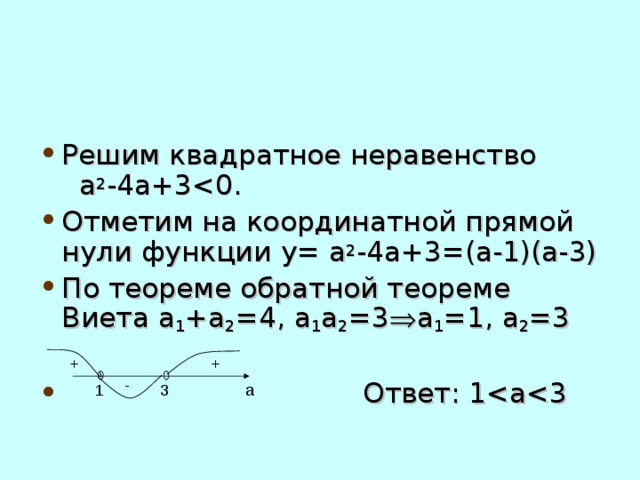 Решим квадратное неравенство a 2 -4a+3Отметим на координатной прямой нули функции y= a 2 -4a+3 =(а-1)(а-3) По теореме обратной теореме Виета а 1 +а 2 =4, а 1 а 2 =3  а 1 =1, а 2 =3  Ответ: 1+ + - 1 3 а 