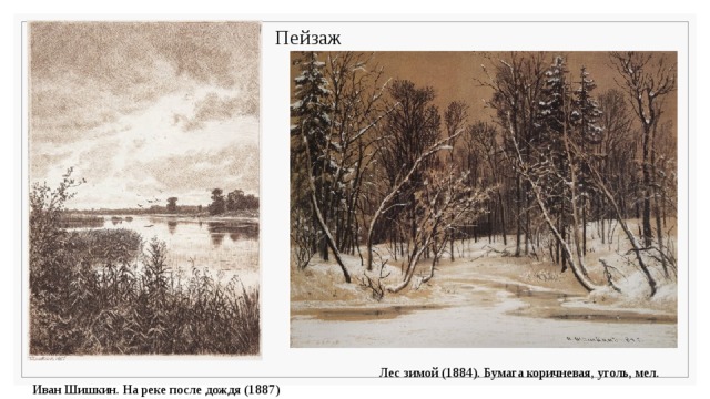 Пейзаж Лес зимой (1884). Бумага коричневая, уголь, мел. Иван Шишкин. На реке после дождя (1887) 