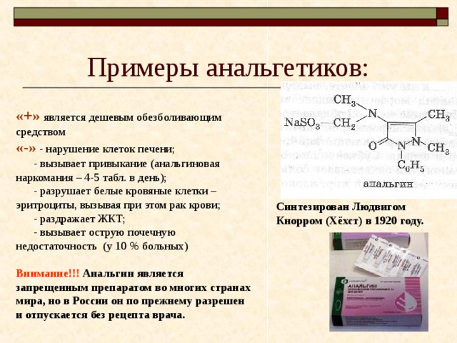 Примеры анальгетиков: «+» является дешевым обезболивающим средством «-» - нарушение клеток печени;  - вызывает привыкание (анальгиновая наркомания – 4-5 табл. в день);  - разрушает белые кровяные клетки – эритроциты, вызывая при этом рак крови;  - раздражает ЖКТ;  - вызывает острую почечную недостаточность (у 10 % больных) Внимание!!! Анальгин является запрещенным препаратом во многих странах мира, но в России он по прежнему разрешен и отпускается без рецепта врача. Синтезирован Людвигом Кнорром (Хёхст) в 1920 году. 