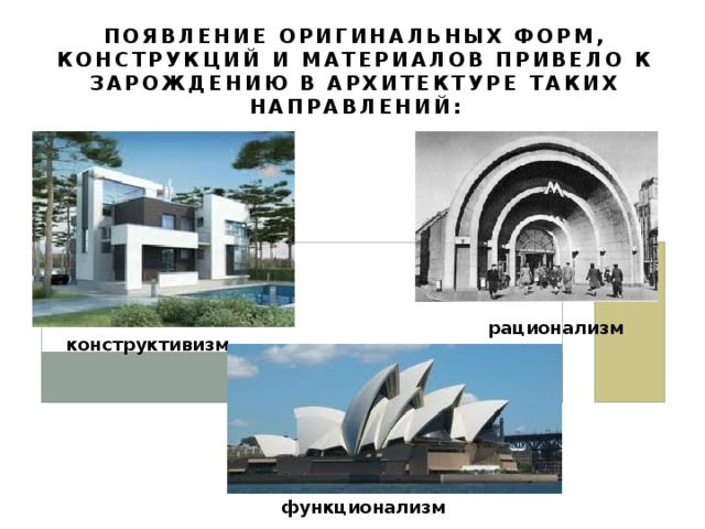 Дом Оперы в Сиднее. Австралия Для выразительности художественного образа используются асимметрия, контрастное противопоставление горизонтальных и вертикальных плоскостей, гармоничное сочетание постройки с окружающим пейзажем. 