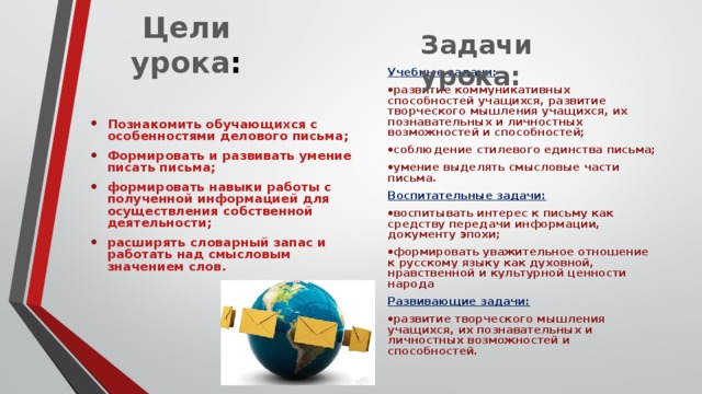 Цели урока : Задачи урока: Учебные задачи: развитие коммуникативных способностей учащихся, развитие творческого мышления учащихся, их познавательных и личностных возможностей и способностей; соблюдение стилевого единства письма; умение выделять смысловые части письма. Воспитательные задачи: воспитывать интерес к письму как средству передачи информации, документу эпохи; формировать уважительное отношение к русскому языку как духовной, нравственной и культурной ценности народа Развивающие задачи: развитие творческого мышления учащихся, их познавательных и личностных возможностей и способностей.  Познакомить обучающихся с особенностями делового письма; Формировать и развивать умение писать письма; формировать навыки работы с полученной информацией для осуществления собственной деятельности; расширять словарный запас и работать над смысловым значением слов.  