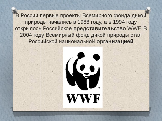 В России первые проекты Всемирного фонда дикой природы начались в 1988 году, а в 1994 году открылось Российское  представительство  WWF. В 2004 году Всемирный фонд дикой природы стал Российской национальной  организацией 