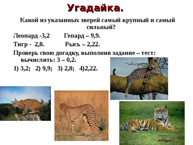 Угадайка. Какой из указанных зверей самый крупный и самый сильный? Леопард -3,2 Гепард – 9,9. Тигр - 2,8. Рысь – 2,22. Проверь свою догадку, выполнив задание – тест: вычислить: 3 – 0,2. 1) 3,2; 2) 9,9; 3) 2,8; 4)2,22. 