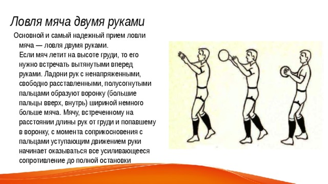 Ловля мяча двумя руками  Основной и самый надежный прием ловли мяча — ловля двумя руками.  Если мяч летит на высоте груди, то его нужно встречать вытянутыми вперед руками. Ладони рук с ненапряженными, свободно расставленными, полусогнутыми пальцами образуют воронку (большие пальцы вверх, внутрь) шириной немного больше мяча. Мячу, встреченному на расстоянии длины рук от груди и попавшему в воронку, с момента соприкосновения с пальцами уступающим движением руки начинает оказываться все усиливающееся сопротивление до полной остановки 