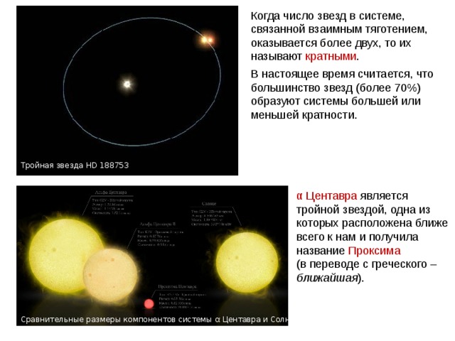 Когда число звезд в системе, связанной взаимным тяготением, оказывается более двух, то их называют кратными . В настоящее время считается, что большинство звезд (более 70%) образуют системы большей или меньшей кратности. Тройная звезда HD 188753 α Центавра является тройной звездой, одна из которых расположена ближе всего к нам и получила название Проксима (в переводе с греческого – ближайшая ). Сравнительные размеры компонентов системы α Центавра и Солнца Кастор — кратная звезда, состоящая из шести компонентов 