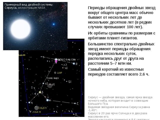 Примерный вид двойной системы Сириуса, иллюстрация NASA Периоды обращения двойных звезд вокруг общего центра масс обычно бывают от нескольких лет до нескольких десятков лет (в редких случаях превышают 100 лет). Их орбиты сравнимы по размерам с орбитами планет-гигантов. Большинство спектрально-двойных звезд имеют периоды обращения порядка нескольких суток, располагаясь друг от друга на расстоянии 5–7 млн км. Самый короткий из известных периодов составляет всего 2,6 ч. Сириус — двойная звезда, самая ярка звезда ночного неба, которая входит в созвездие Большого Пса. Видимая звёздная величина Сириуса равна -1,46 m . Сириус в 20 раз ярче Солнца и в два раза массивнее его. Звезда находится примерно в 8,6 световых годах от Солнца и является одной из ближайших к нам звезд. Паллада Веста 