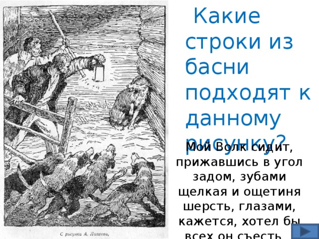  Какие строки из басни подходят к данному рисунку? Мой Волк сидит, прижавшись в угол задом, зубами щелкая и ощетиня шерсть, глазами, кажется, хотел бы всех он съесть… 