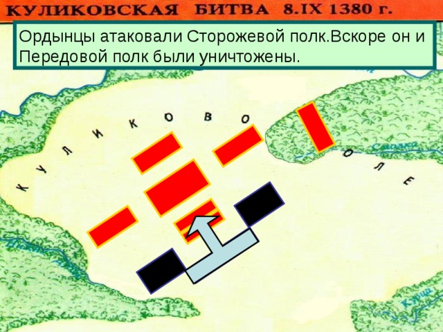 Ордынцы атаковали Сторожевой полк.Вскоре он и Передовой полк были уничтожены.