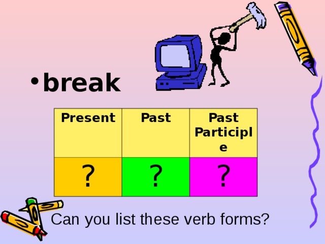 break  Present ? Past Past Participle ? ? Can you list these verb forms? 