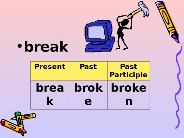 Broken прошедшее время. Broke неправильный глагол. Break broke неправильные глаголы. Break неправильный гла. Break past participle.