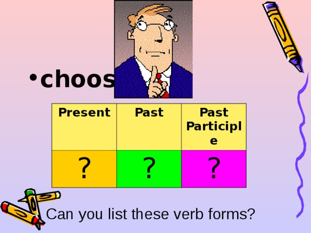 choose  Present ? Past Past Participle ? ? Can you list these verb forms? 