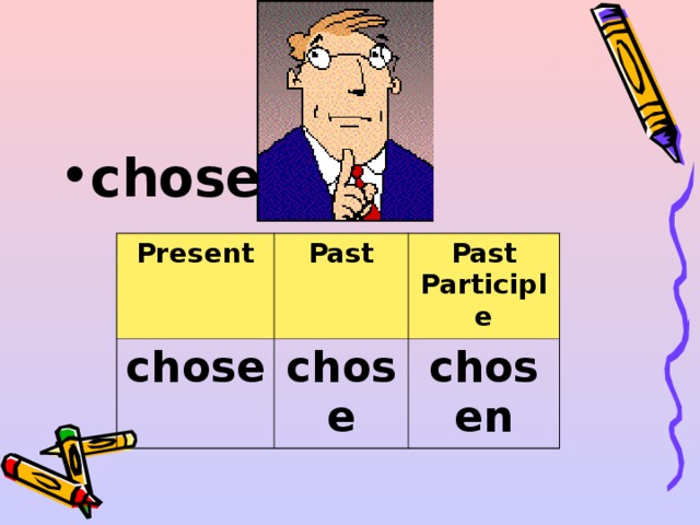 chose  Present chose Past Past Participle chose chosen 