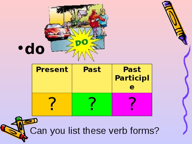 do  Present ? Past Past Participle ? ? Can you list these verb forms? 