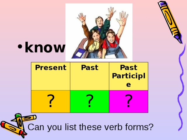 know  Present ? Past Past Participle ? ? Can you list these verb forms? 