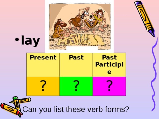 lay  Present ? Past Past Participle ? ? Can you list these verb forms? 