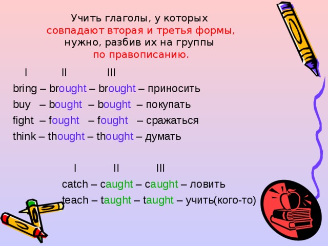 Учить глаголы, у которых   совпадают вторая и третья формы,  нужно, разбив их на группы   по правописанию.   I II III  bring – br ought – br ought – приносить  buy – b ought – b ought – покупать  fight – f ought – f ought – сражаться  think – th ought – th ought – думать  I II III   catch – c aught – c aught – ловить    teach – t aught – t aught – учить(кого-то) 