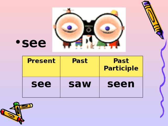 see  Present see Past Past Participle saw seen 