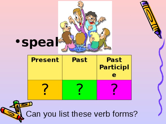 speak  Present ? Past Past Participle ? ? Can you list these verb forms? 