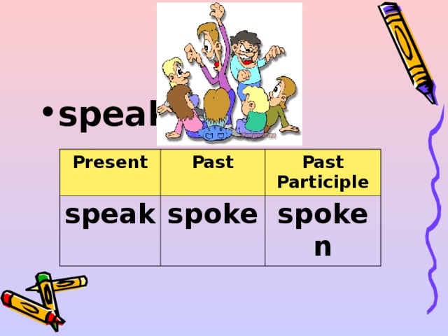speak  Present speak Past Past Participle spoke spoken 